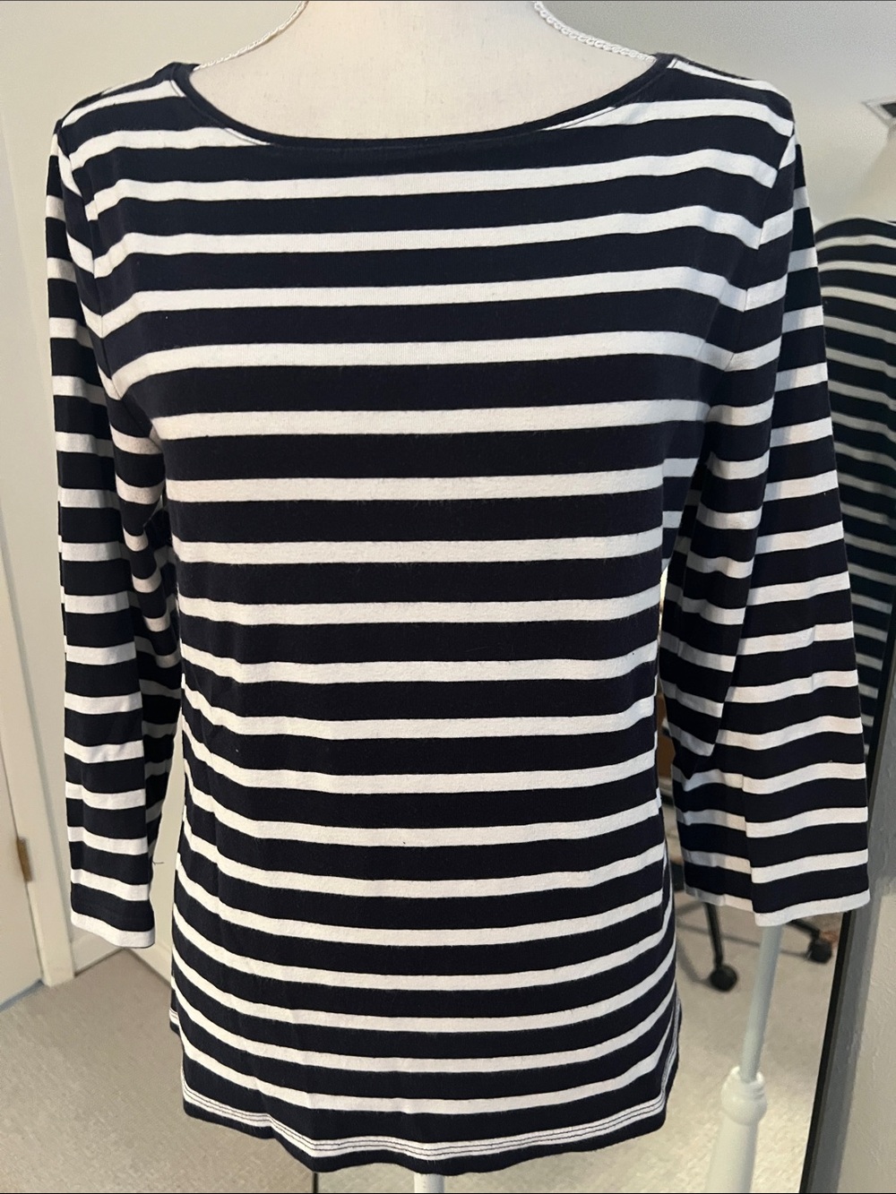 Talbots Navy and White Striped Boatneck 3/4 Long Sleeve Top